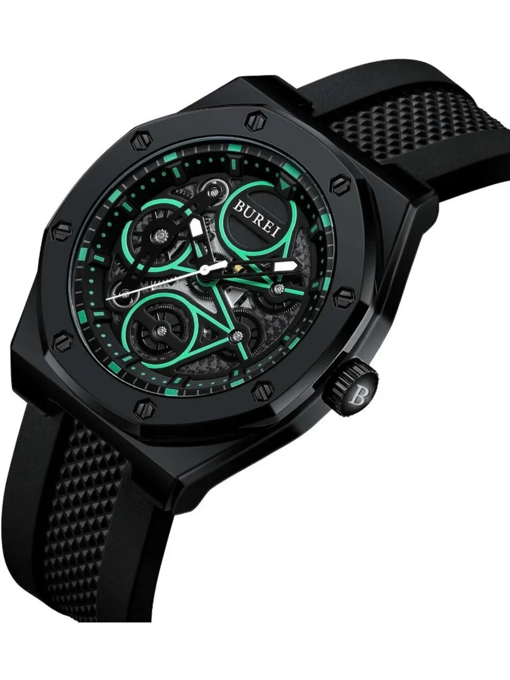 Men's All Black Analog Quartz Silicone Waterproof Geometric Design Classic Watch